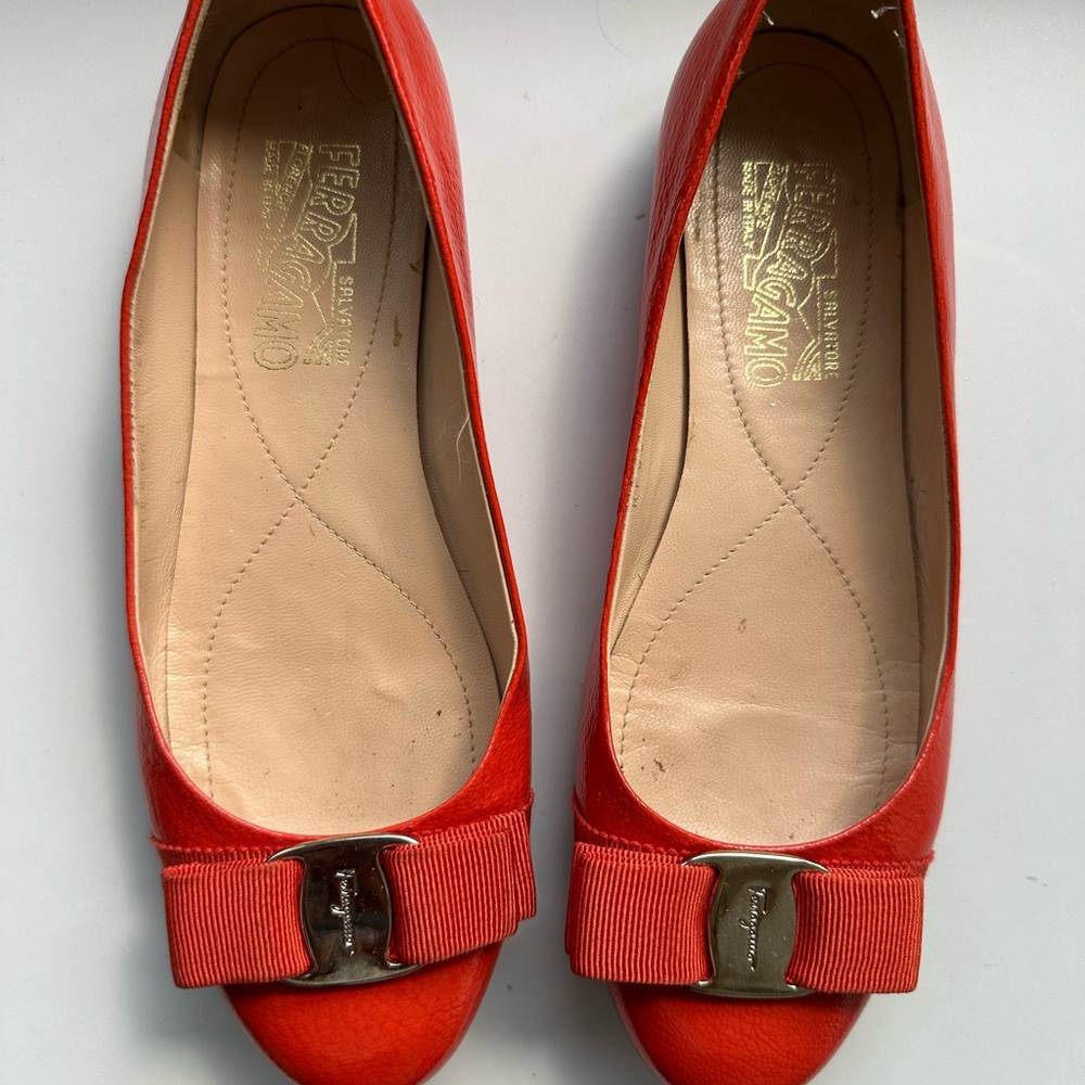 Salvatore Ferragamo Red Flats with Bow Accent